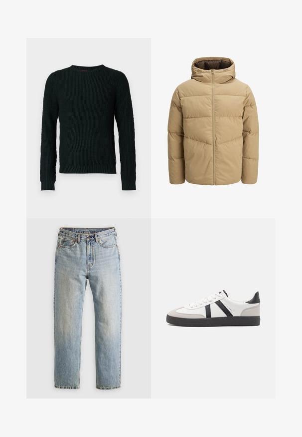 Beige puffer jacket with a hood, featuring a front zipper, stitched panels, and a smooth texture. Interior is dark brown.; Black chunky knit crewneck sweater with long sleeves and ribbed cuffs and hem, displayed on a white background.; Light blue denim jeans with high waist, front button, zipper, and five-pocket design, laid flat on a neutral background.; White sneaker with black and gray accents, featuring a textured gray toe cap, black rubber sole, and flat white laces. Clean design, minimalist style.