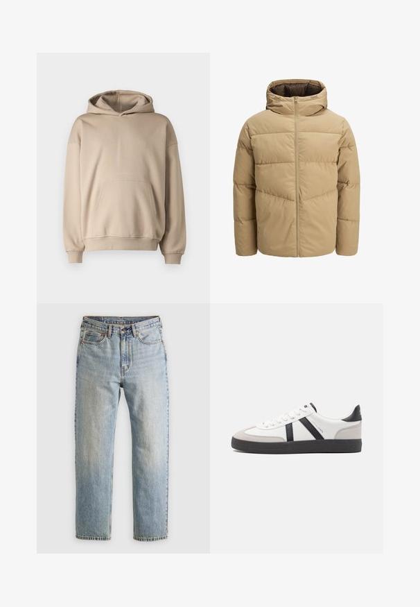 Harmaa puhvijakku hupulla, jossa on edessä vetoketju, ommellut paneelit ja sileä pinta. Sisäpuoli on tummanruskea.; Beige huppari, pehmeä kangas, rento malli, kengurupocket, ribbutetut hihansuut ja helma, minimalistinen muotoilu, sileä pinta.; Vaaleansininen farkut, joissa on korkea vyötärö, etunappi, vetoketju ja viisi taskua, asetettu tasaisesti neutraalille taustalle.; Valkoiset lenkkarit mustilla ja harmailla yksityiskohdilla, joissa on teksturoitu harmaa kärki, musta kumipohja ja litteät valkoiset nauhat. Siisti muotoilu, minimalistinen tyyli.