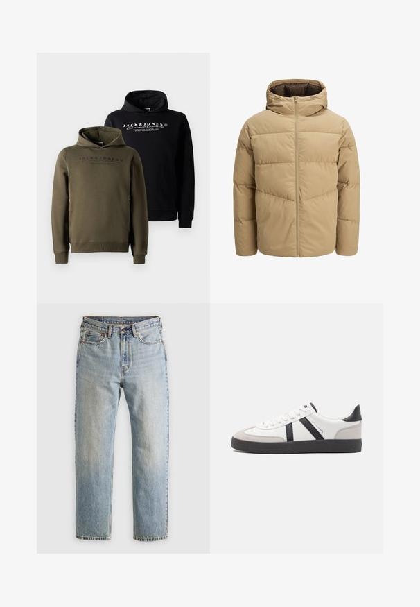 Beige Daunenjacke mit Kapuze, ausgestattet mit einem Reißverschluss vorne, gesteppten Paneelen und einer glatten Textur. Das Innere ist dunkelbraun.; Hoodies in Schwarz und Olivgrün, mit einer Kängurutasche vorne, Zugbandkapuze und bedrucktem Branding auf der Brust. Weicher, glatter Stoff.; Helle blaue Jeans mit hoher Taille, Frontknopf, Reißverschluss und fünf Taschen-Design, flach auf einem neutralen Hintergrund ausgelegt.; Weiße Sneaker mit schwarz- und grau-aczenten, ausgestattet mit einer strukturierten grauen Zehenkappe, schwarzer Gummi-Sohle und flachen weißen Schnürsenkeln. Sauberes Design, minimalistische Stil.