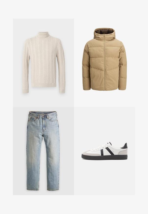 Giacca puffer beige con cappuccio, dotata di una cerniera frontale, pannelli cuciti e una texture liscia. L'interno è di colore marrone scuro.; Maglione beige lavorato a maglia con un alto collo a costine. Presenta un motivo a treccia testurizzato e polsini e orlo a coste, offrendo un aspetto accogliente.; Jeans in denim azzurro chiaro con vita alta, bottone anteriore, cerniera e design a cinque tasche, adagiati su uno sfondo neutro.; Sneaker bianco con accenti neri e grigi, dotata di una punta grigia testurizzata, suola in gomma nera e lacci bianchi piatti. Design pulito, stile minimalista.