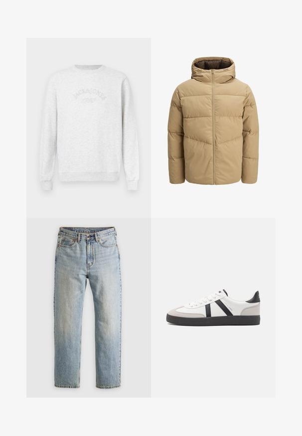 Beżowa kurtka puchowa z kapturem, z zamkiem błyskawicznym z przodu, przeszytymi panelami i gładką teksturą. Wnętrze jest ciemnobrązowe.; Szara bluza z miękkiego materiału. Posiada ściągacze przy mankietach i u dołu, z wyszywanym logo "JACK & JONES" w zakrzywionym stylu na piersi.; Jasnoniebieskie dżinsy z wysokim stanem, z guzikiem z przodu, zamkiem błyskawicznym i pięcioma kieszeniami, ułożone na płasko na neutralnym tle.; Białe sneakersy z czarnymi i szarymi akcentami, z teksturowanym szarym czubkiem, czarną gumową podeszwą i płaskimi białymi sznurowadłami. Czysty design, minimalistyczny styl.