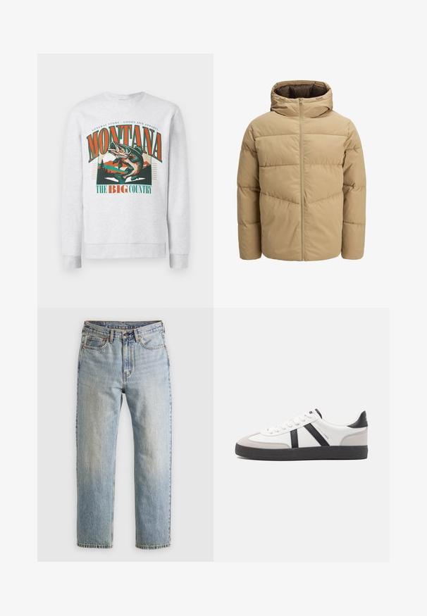 Harmaa puhvijakku hupulla, jossa on edessä vetoketju, ommellut paneelit ja sileä pinta. Sisäpuoli on tummanruskea.; Harmaa huppari, jossa on suuri graafinen kuva hyppivästä kalasta, vuorista ja puista. Siinä on myös teksti "Montana The Big Country" oranssilla ja vihreällä.; Vaaleansininen farkut, joissa on korkea vyötärö, etunappi, vetoketju ja viisi taskua, asetettu tasaisesti neutraalille taustalle.; Valkoiset lenkkarit mustilla ja harmailla yksityiskohdilla, joissa on teksturoitu harmaa kärki, musta kumipohja ja litteät valkoiset nauhat. Siisti muotoilu, minimalistinen tyyli.