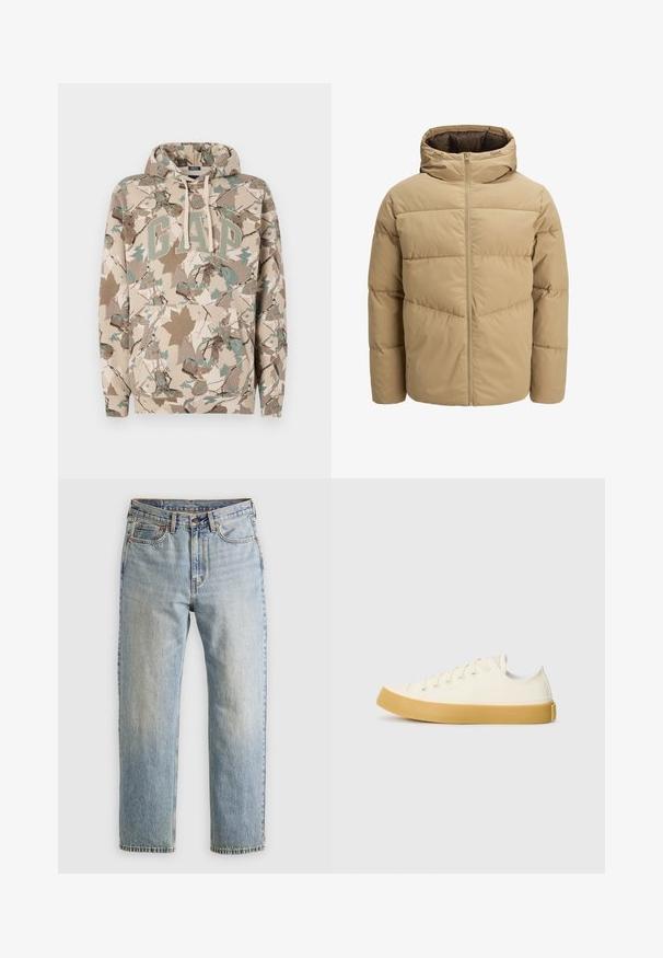 Doudoune beige avec capuche, dotée d'une fermeture éclair à l'avant, de panneaux piqués et d'une texture lisse. Intérieur de couleur marron foncé.; Haut à capuche beige avec un motif de feuilles en camouflage, arborant un grand logo "GAP" en vert et une poche avant. Fabriqué en tissu doux et texturé.; Jean en denim bleu clair à taille haute, avec bouton avant, fermeture éclair et design à cinq poches, posé à plat sur un fond neutre.; Des baskets en toile couleur écru avec un bout rond, dotées de semelles en caoutchouc beige et de cinq œillets pour les lacets, avec une finition texturée sur la tige.