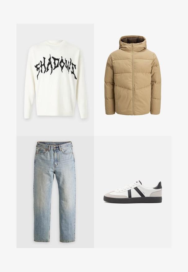 Beige puffer jacket with a hood, featuring a front zipper, stitched panels, and a smooth texture. Interior is dark brown.; Only & Sons ONSRANDY LIFE CREW - Jumper - cloud dancer/black; Light blue denim jeans with high waist, front button, zipper, and five-pocket design, laid flat on a neutral background.; White sneaker with black and gray accents, featuring a textured gray toe cap, black rubber sole, and flat white laces. Clean design, minimalist style.