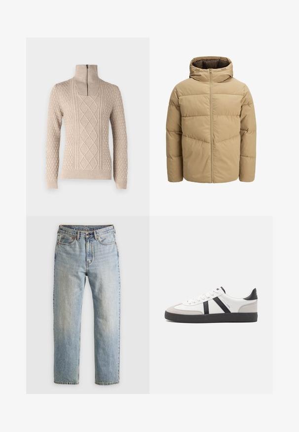 Šviesiai rudas pūkinis švarkas su gobtuvu, turintis priekinių užtrauktuką, siuvinėtus panelius ir lygų paviršių. Vidus tamsiai rudas.; Bežinis megztinis su aukšta apykakle ir užtrauktuku. Yra tekstūruoti raštai, įskaitant kabelius ir kamuoliukus, taip pat raukšlėtos rankogaliai ir apatinė dalis.; Šviesiai mėlynos džinsinės kelnės su aukštu liemeniu, priekyje mygtukas, užtrauktukas ir penkių kišenių dizainas, išklotos ant neutralios fono.; Balti sportbačiai su juodais ir pilkais akcentais, pasižymintys tekstūruotu pilku pirštų dangteliu, juoda gumine padais ir plokščiomis baltomis raišteliais. Švarus dizainas, minimalistinis stilius.