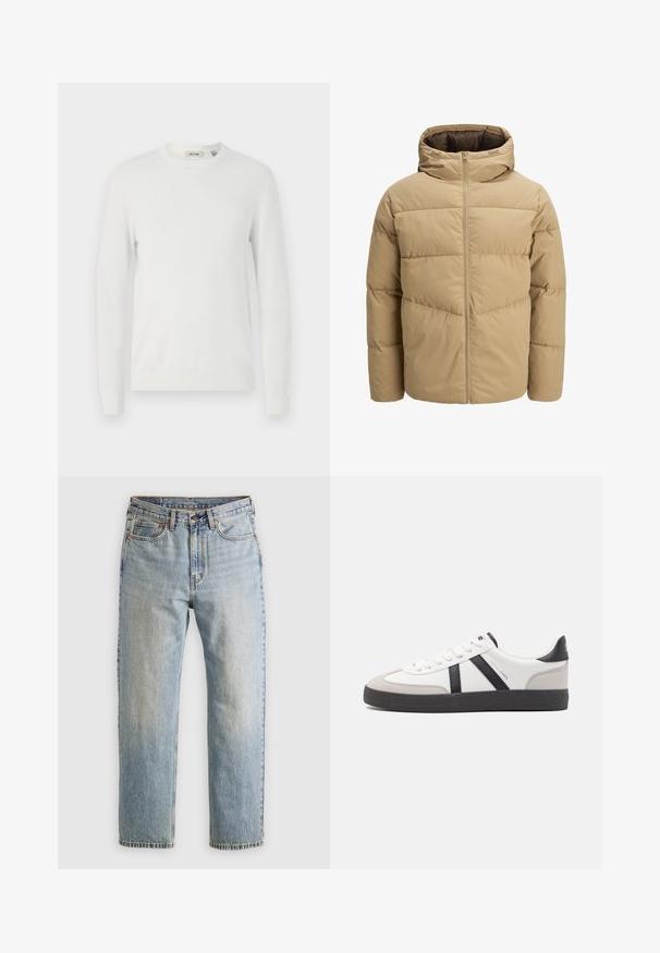 Doudoune beige avec capuche, dotée d'une fermeture éclair à l'avant, de panneaux piqués et d'une texture lisse. Intérieur de couleur marron foncé.; Only & Sons ONSALEX CREW NECK - Pullover - egret; Jean en denim bleu clair à taille haute, avec bouton avant, fermeture éclair et design à cinq poches, posé à plat sur un fond neutre.; Baskets blanches avec des accents noirs et gris, présentant un embout texturé gris, une semelle en caoutchouc noir et des lacets plats blancs. Design épuré, style minimaliste.