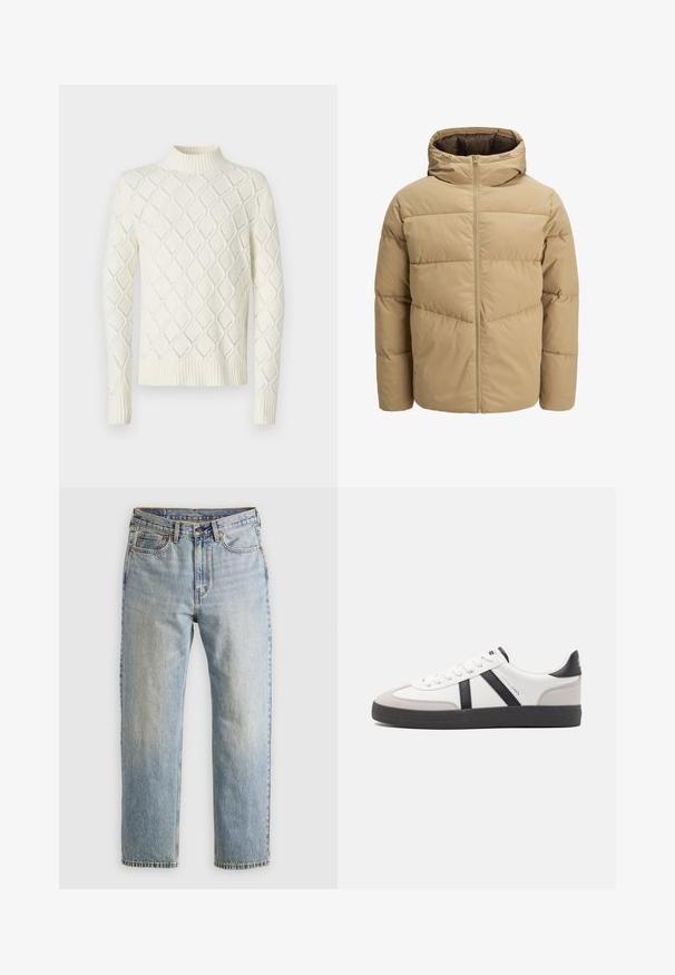 Beige pufferjack met een capuchon, met een ritssluiting aan de voorkant, gestikte panelen en een gladde textuur. De binnenkant is donkerbruin.; Crèmekleurige trui met een hoge hals, voorzien van een diamant kabelbreipatroon en geribde manchetten en zoom. Zachte textuur, lange mouwen.; Lichtblauwe denim jeans met hoge taille, frontknop, rits en vijfzakkenontwerp, plat gelegd op een neutrale achtergrond.; Witte sneaker met zwarte en grijze accenten, voorzien van een grijze neus met textuur, zwarte rubberen zool en platte witte veters. Schoon ontwerp, minimalistische stijl.