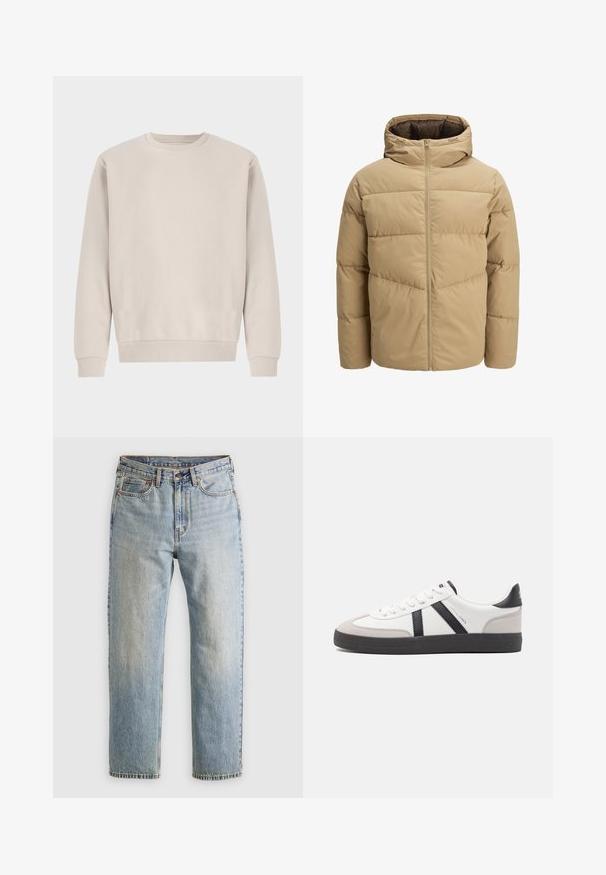 Beige puffjacka med huva, har en frontdragkedja, sydda paneler och en mjuk textur. Insidan är mörkbrun.; Beige crewneck sweatshirt i mjuk bomull, med avslappnad passform, ribbade mudd och nederkant, utan synliga mönster eller detaljer.; Ljusblå denimjeans med hög midja, framknäppning, dragkedja och femficksdesign, placerade platt på en neutral bakgrund.; Vit sneaker med svarta och grå accenter, med en strukturerad grå tådel, svart gummisul, och platta vita skosnören. Ren design, minimalistisk stil.