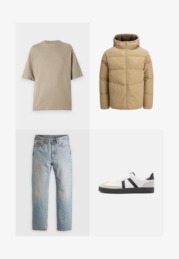 Beżowa kurtka puchowa z kapturem, z zamkiem błyskawicznym z przodu, przeszytymi panelami i gładką teksturą. Wnętrze jest ciemnobrązowe.; Beżowa koszulka z krótkim rękawem wykonana z miękkiej bawełny, z okrągłym dekoltem i luźnym krojem, o gładkiej fakturze i minimalnych zdobieniach.; Jasnoniebieskie dżinsy z wysokim stanem, z guzikiem z przodu, zamkiem błyskawicznym i pięcioma kieszeniami, ułożone na płasko na neutralnym tle.; Białe sneakersy z czarnymi i szarymi akcentami, z teksturowanym szarym czubkiem, czarną gumową podeszwą i płaskimi białymi sznurowadłami. Czysty design, minimalistyczny styl.