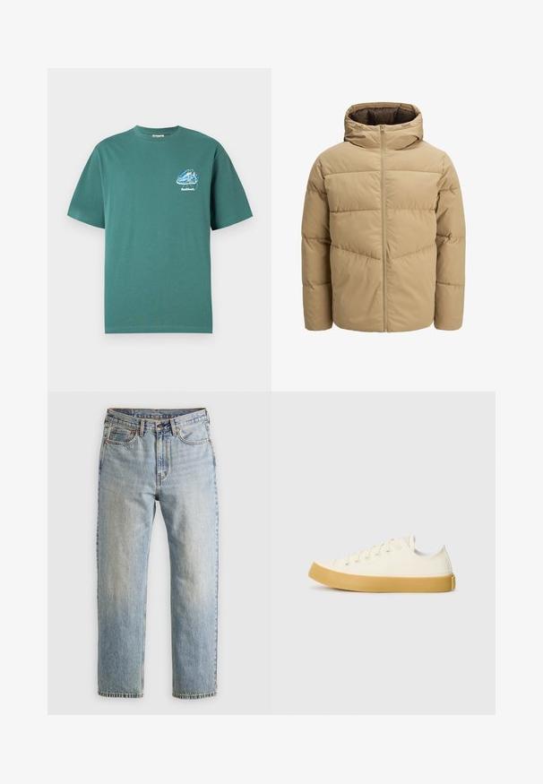 Bežna puffer jakna s kapuco, ki vsebuje sprednjo zadrgo, šivane panele in gladko teksturo. Notranjost je temno rjava.; Zelena bombažna majica s kratkimi rokavi, ki ima majhen, pisan grafični dizajn na levem prsnem delu. Lahka, običajna prileganje.; Svetlo modri džins hlače z visokim pasom, sprednjim gumbom, zadrgo in petimi žepi, laid flat na nevtralni podlagi.; Platnene superge v off-white barvi z okroglim nosom, z bež gumijastimi podplati in petimi odprtinami za vezalke, z zrnato površino na zgornjem delu.