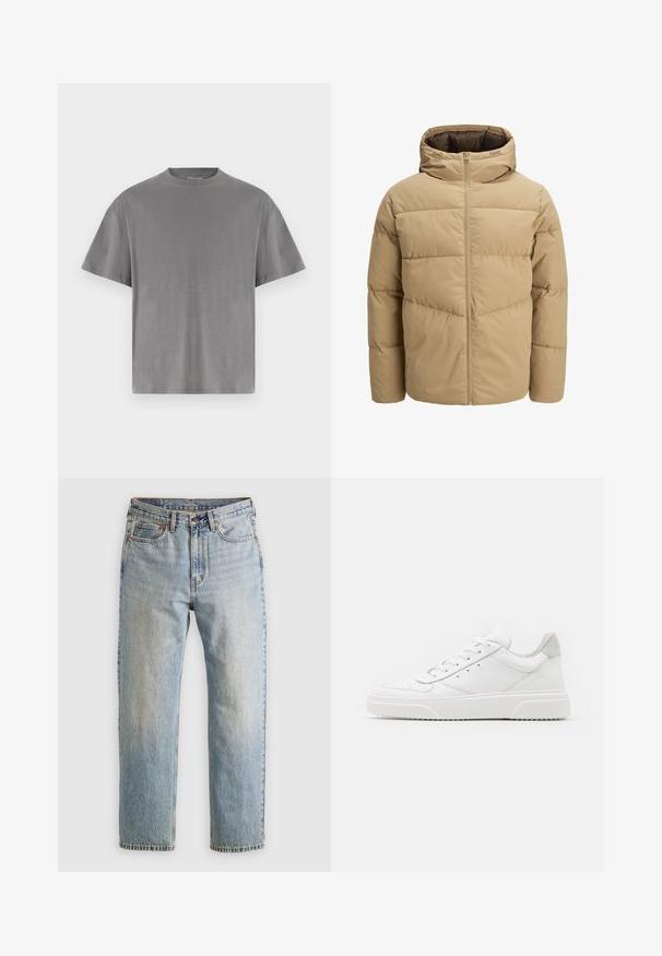 Beige pufferjack met een capuchon, met een ritssluiting aan de voorkant, gestikte panelen en een gladde textuur. De binnenkant is donkerbruin.; Grijze katoenen t-shirt met een ronde hals, korte mouwen en een losse pasvorm. Glad textuur, geen zichtbare patronen of accenten.; Lichtblauwe denim jeans met hoge taille, frontknop, rits en vijfzakkenontwerp, plat gelegd op een neutrale achtergrond.; Witte leren sneakers met een gladde afwerking, ronde neus, platte veters en een gestructureerde zool. Grijze suède accent bij de hiel.