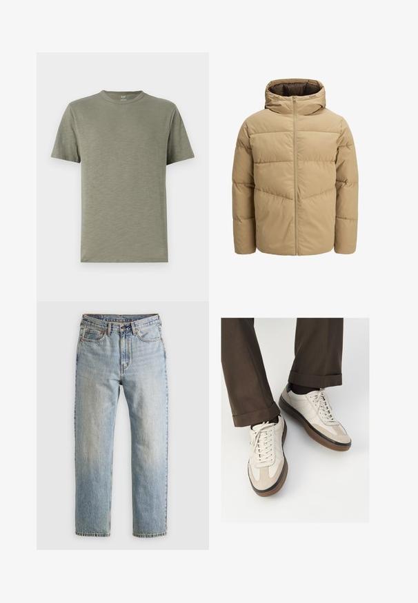 Beige puff jakke med hette, med glidelås foran, sydde paneler og en glatt tekstur. Innvendig er den mørkebrun.; Olivengrønn bomulls T-skjorte med rund hals, korte ermer og en myk, glatt tekstur. Enkelt design uten mønstre eller dekorasjoner.; Lys blå denim jeans med høy midje, frontknapp, glidelås og fem-lommers design, lagt flatt på en nøytral bakgrunn.; Beige sneakers med teksturert semsket front, glatte skinnsider og en brun gummisåle. Snører og lys syddetalj inkludert.