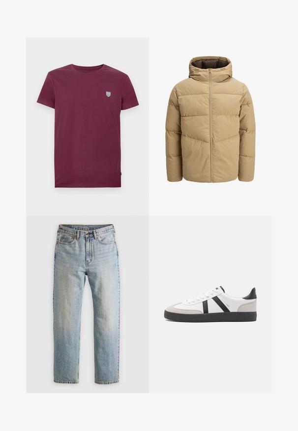Bežna puffer jakna s kapuco, ki vsebuje sprednjo zadrgo, šivane panele in gladko teksturo. Notranjost je temno rjava.; Burgundska bombažna majica s krožnim izrezom in kratkimi rokavi. Ima majhen logotip ščita na zgornjem levem delu prsnega koša. Gladka tekstura.; Svetlo modri džins hlače z visokim pasom, sprednjim gumbom, zadrgo in petimi žepi, laid flat na nevtralni podlagi.; Bela športna obutev z črnimi in sivo akcenti, z teksturirano sivo kapico za prste, črnim gumijastim podplatom in ravnimi belimi vezalkami. Čista zasnova, minimalistični slog.