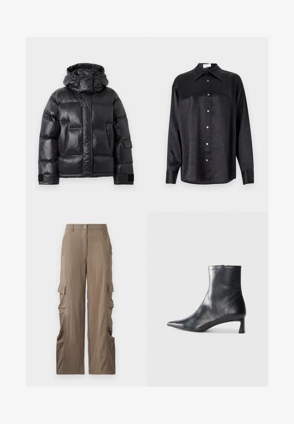 Zwarte glanzende pufferjas met hoge kraag en capuchon, voorzakken en verstelbare klittenbandsluitingen op de mouwen.; Zwarte blouse met lange mouwen en een kraag, voorzien van een gekreukt oppervlak, volwaardige knopen aan de voorkant en manchetten. Gemaakt van een gladde stof.; Cargo broek in een lichtbruine stof, met een rechte pijp, twee zijzakken en twee cargozakken op de dijen.; Zwarte leren enkellaars met een spitse neus en een slank ontwerp. Heeft een lage hak en een ritssluiting aan de achterkant. Gladde textuur.