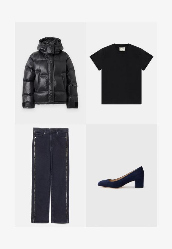 Chaqueta acolchada negra y brillante con collar alto y capucha, bolsillos frontales y correas ajustables de Velcro en las mangas.; Camiseta negra de manga corta y cuello redondo con una etiqueta blanca en el interior del cuello que dice "D.R.C. EST. 2002" sobre un fondo blanco.; Jeans de mezclilla oscura con un diseño de pierna recta y una fila de remaches metálicos a lo largo de las costuras laterales, que ofrecen un acento distintivo.; Zapato de tacón de ante azul marino con punta afilada y tacón bloque de altura media. Textura suave con un ligero brillo y un pequeño corte en la parte delantera.