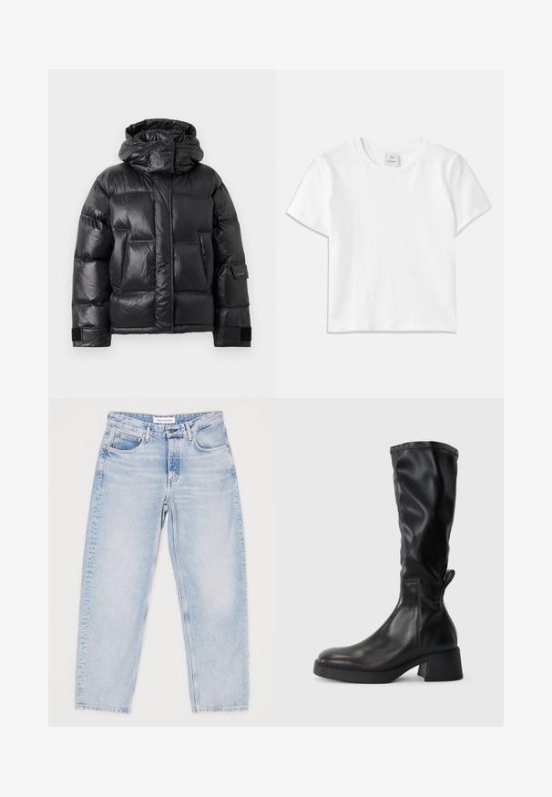 Must musta puffer jakk, millel on kõrge krae ja kapuuts, ees taskud ning reguleeritavad Velcro rihmad varrukatel.; Valge puuvillane T-särk, millel on ümar kaelus, lühikesed varrukad ja sirge allaäär. Kaela keskosas silt "Won Hundred".; Heledad sinine teksade püksid, millel on mugav lõige, viis taskut ja sirge jala disain. Pleekinud tekstuur, ülemine nööp ja tõmblukk.; Must musta, millel on lamedad kontsad, ümmargune varvas ja õmblusdetailid õmbluste ääres. See on valmistatud siledast nahast.