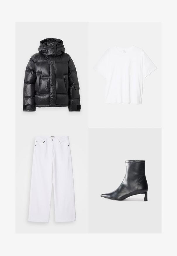 Must musta puffer jakk, millel on kõrge krae ja kapuuts, ees taskud ning reguleeritavad Velcro rihmad varrukatel.; Valge puuvillane T-särk lühikeste varrukatega, ümmargune kaelus, mugav lõige ja õmmeldud serv. Silt nähtav kaela seest.; Valged laiad teksapüksid, mis on valmistatud denimist, viie tasku disainiga, metallist detailidega ja kõrge vöökohaga, puhta lõpetusega allääres.; Mustad mustall nahkasaabas terava nina ja stiilse disainiga. Omab madalat konts ja luku sulgemist taga. Sile tekstuur.