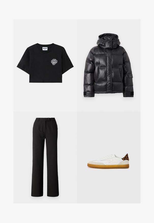 Must musta puffer jakk, millel on kõrge krae ja kapuuts, ees taskud ning reguleeritavad Velcro rihmad varrukatel.; Must t-särk, millel on lühikesed varrukad ja ümar kaelus, on valmistatud puuvillast. T-särgil on vasakul rindkeres valge lilleline rahu sümbol.; Mustad püksid sujuvst riidest, otse jalaga disainiga, ees voldidega ja ühe nupuga kinnitusega vööosas.; Valge spordijalats, mille ülemine osa on valmistatud tekstureeritud suede'ist ja nahast, ning mille kannaosas on leopardimuster ning kummist tallad.