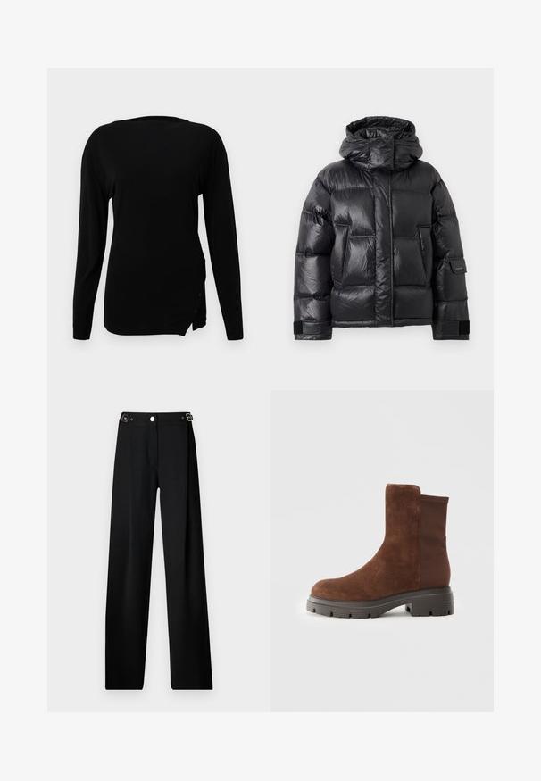 Fekete, fényes pufikabát magas gallérral és kapucnival, elülső zsebekkel és állítható tépőzáras pántokkal a ujjakon.; Fekete, hosszú ujjú felső sima anyagból. Kerek nyakkivágással, diszkrét oldalsó hasítékkal és díszítő gombokkal a szegésen.; Széles szárú fekete nadrág, texturált anyagból, ezüst színű fémrészlekkel ellátott derékrésszel és gombos záródással.; Barna velúr bokacsizma, rugalmas oldalsó panelekkel, lekerekített orral és vastag gumitalppal, amelynek felszíne mintázott.