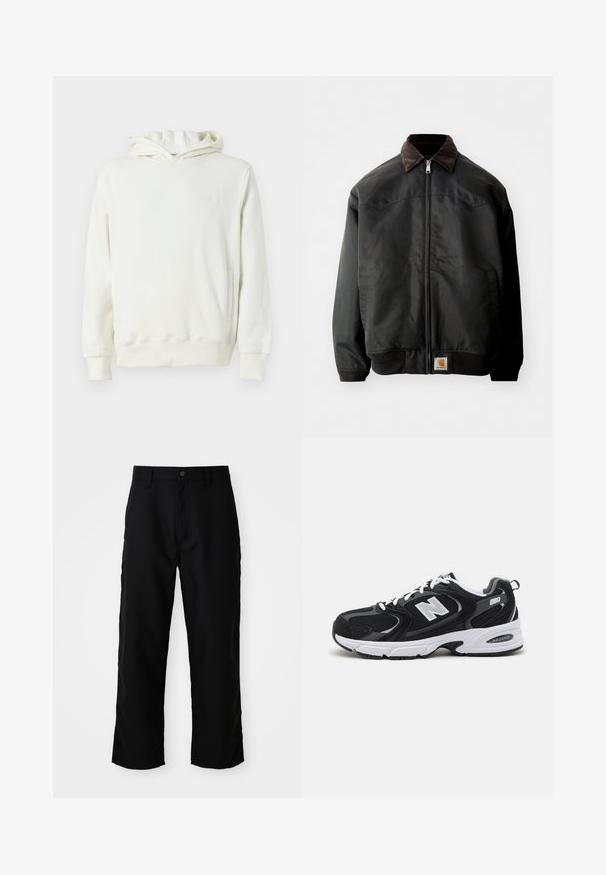 Mustoi musta takki, jossa on vetoketjukiinnitys, ruskea corduroytakki, joustavat hihansuut ja vyötärö, sekä neliölogo-painatus alhaalla edessä.; Valkoinen huppari pitkillä hihoilla, etupuolella tasku ja hienovarainen kohokuvioitu logo vasemmassa rinnassa.; Mustat suorat housut vyölenkeillä, etunapilla ja vetoketjulla yksinkertaisella vaalealla taustalla.; Mustat ja harmaat urheilukengät, joissa on verkkokangas- ja keinonahka päällyste, valkoinen välipohja, nauhat sekä rohkea "N"-logo sivussa.