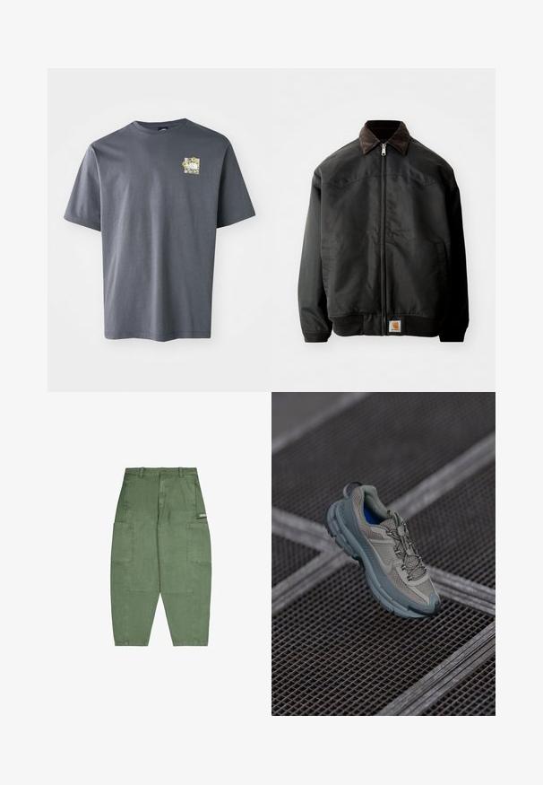 Mustast bobritagi, millel on tõmblukk, pruuni puuvillase kanga krae, elastsed varrukad ja alläär, ning mille ees on ruudukujuline logo triip.; Hallide lühikale vihik tee, mis on valmistatud puuvillast, väikese lillemustriga rinnal. Ümmargune kaelus, pehme tekstuur ja mugav lõige.; Roheline puuvillane cargo püksid, millel on mitmed suured taskud, erlajas sobivus ja nööbiga sulgemine vööl. Pehme tekstuur ja mati viimistlusega.; Beige ja hall sportlik king, millel on tekstuuriga võrkpealne, ümar nina ja kummist tald, varustatud paelte ja pehmendatud kraega.