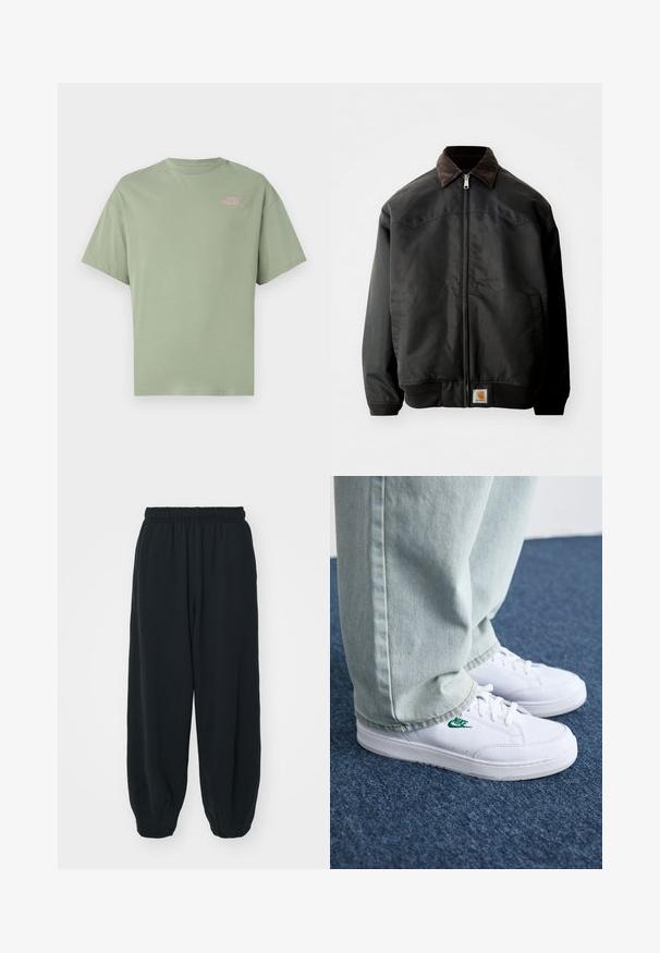 Black bomber jacket with a zip closure, brown corduroy collar, elastic cuffs, and hem, featuring a square logo patch at the lower front.; Light green cotton t-shirt with a crew neck, short sleeves, and a small pink "SURFERS PARADISE" text on the left side.; Black, elasticated-waist sweatpants with a loose fit, cuffed ankles, smooth texture, and no visible patterns or hardware accents.; White leather sneakers with green Nike logo, round toe, flat sole, paired with light blue denim pants, shown on a blue carpet.