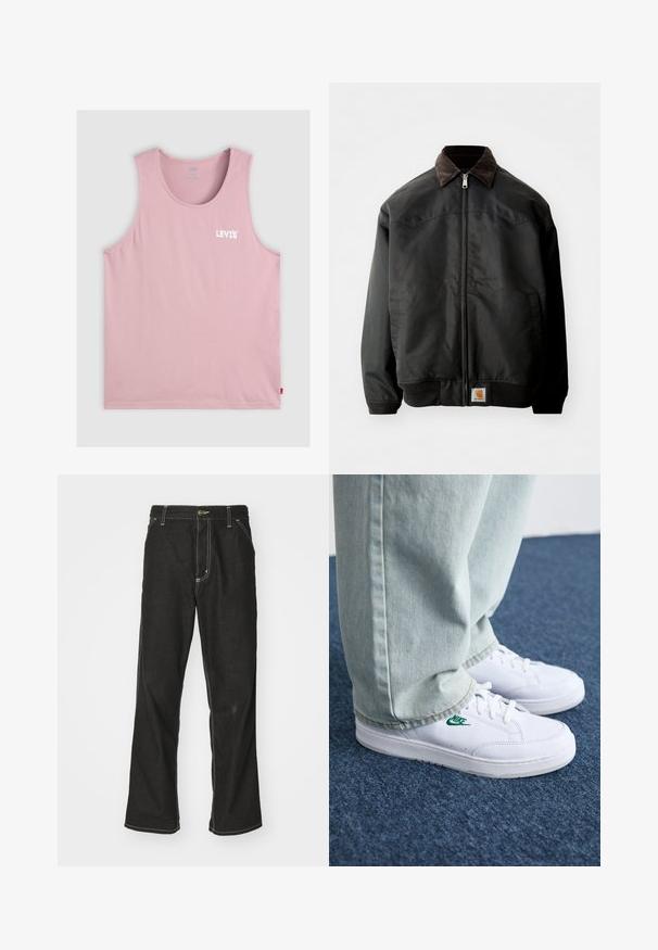Casaco bomber preto com fecho de zip, colarinho em panno corduroy castanho, punhos e bainha elásticos, apresentando um emblema quadrado na parte inferior da frente.; Top de alças rosa claro feito de algodão. Apresenta um decote arredondado, sem mangas, e um logótipo branco "LEVI's" no lado esquerdo do peito. Textura suave.; Calças de ganga pretas de corte largo, com costuras brancas em contraste, fecho de botão e design de perna reta.; Tênis de couro brancos com logo verde da Nike, bico redondo, sola plana, combinados com calças de denim azul claro, exibidos sobre um tapete azul.