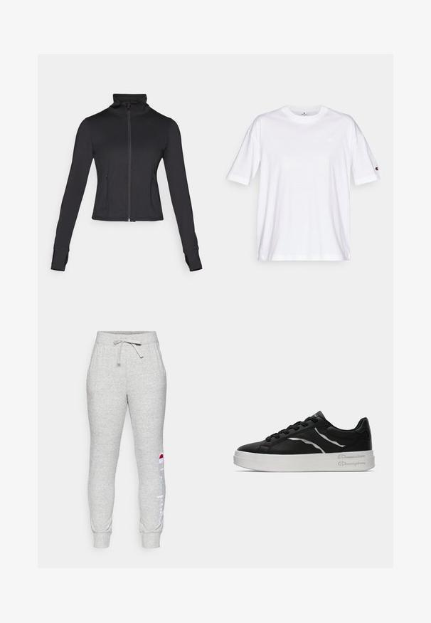 Melna zip-up jaka ar augstu apkakli, garām piedurknēm un priekšējām kabatām. Izgatavota no gluda, elastīga auduma ar pieguļošu dizainu.; Balts kokvilnas T-krekls ar apaļu kakla izgriezumu, īsām piedurknēm un mazu logo kreisajā krūtī. Iezīmējas ar brīvu piegriezumu un viendabīgu krāsu.; Pelēki kokvilnas maisījuma sporta bikses ar elastīgu jostu, auklu un ribotām piedurknēm. Ir baltais "Champion" logotips sānos.; Melnas ādas tenisu kurpes ar baltu zoli, ar plānām sudraba akcentu un auklu dizainu. Gluda tekstūra ar zīmola detaļām uz papēža.