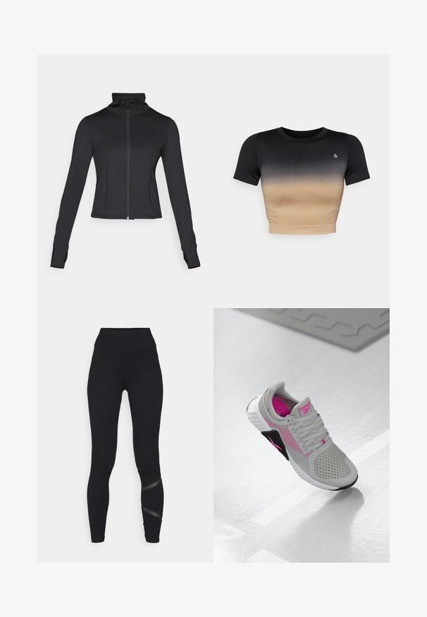 Černá zipová bunda s vysokým límcem, dlouhými rukávy a předními kapsami. Vyrobena z hladké, elastické tkaniny s přiléhavým střihem.; Krátký rukáv crop top s přechodem z černé do béžové. Hladká textura, kulatý výstřih a decentní logo na prsou.; ONLY Play ONPCROSS LIFE LEG - Punčochy - black; Šedé a růžové sportovní tenisky Reebok s síťovaným svrškem a detailní podrážkou, vystavené na reflexním bílém povrchu.