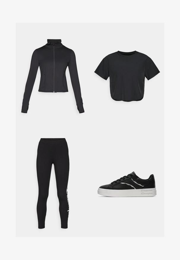 Black zip-up jacket with a high collar, long sleeves, and front pockets. Made from a smooth, stretchy fabric with a fitted design.; Black cropped t-shirt made of soft material, featuring a round neckline, short sleeves, and a relaxed fit. Subtle stitching details.; Black leggings with a smooth texture, high waistband, and white logo detail down the left side. Fitted design, full length.; Black leather sneaker with white sole, featuring thin silver accents and lace-up design. Smooth texture with branded detailing on the heel.