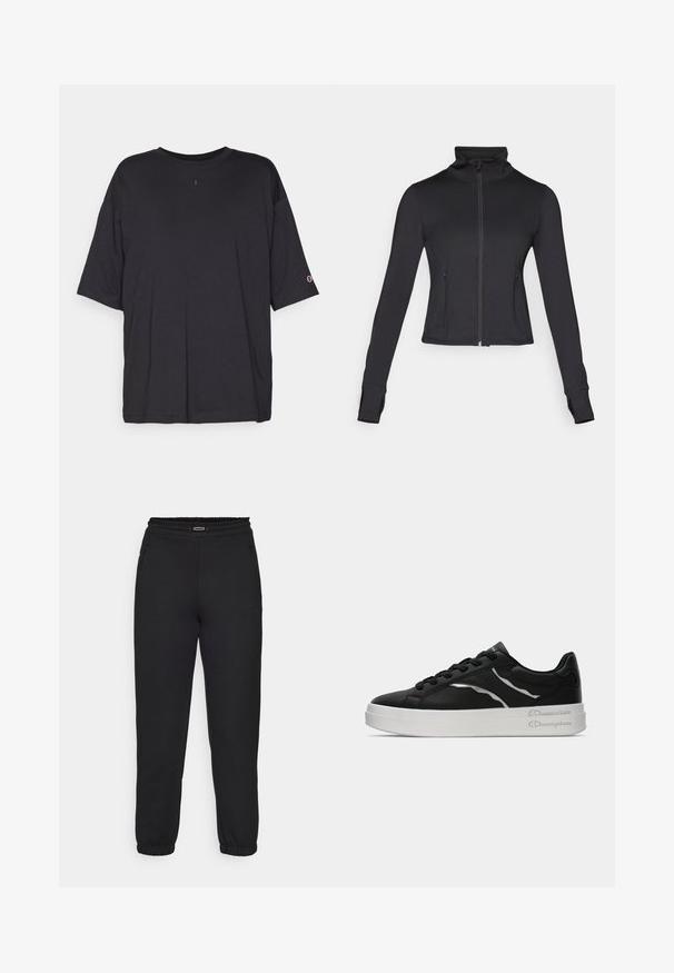Svart zip-up jakke med høy krage, lange ermer og frontlommer. Laget av et glatt, elastisk stoff med en tettsittende design.; Champion ICONS OVERSIZE CREWNECK  - T-shirts med print - black; Champion C-TECH CUFFED PANTS INTERLOCK - Joggebukse - black; Sorte lærersneakers med hvit såle, med tynne sølvdetaljer og snøring. Glatt tekstur med merkevaredetaljering på hælen.