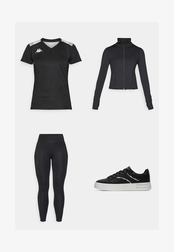 Juoda užtrauktuku užsegama striukė su aukštu apykakle, ilgomis rankovėmis ir priekinėmis kišenėmis. Pagaminta iš lygaus, tamprių audinio su prigludusia forma.; Juodas sportinis marškinėliai trumpomis rankovėmis. Suprojektuoti su V formos kaklu, pilkais pečių akcentais ir balta logo kairėje krūtinės pusėje. Lanka, švelni tekstūra.; Juodos tamprės, pagamintos iš elastingos medžiagos, su aukštu liemeniu, siaurėjančiomis kojomis ir užlenktais kraštais, turinčios lygią, matinę tekstūrą.; Juoda odinė sportinė avalynė su balta padu, turinti plonus sidabrinius akcentus ir raištelių dizainą. Lygus paviršius su prekės ženklo detalėmis ant kulno.