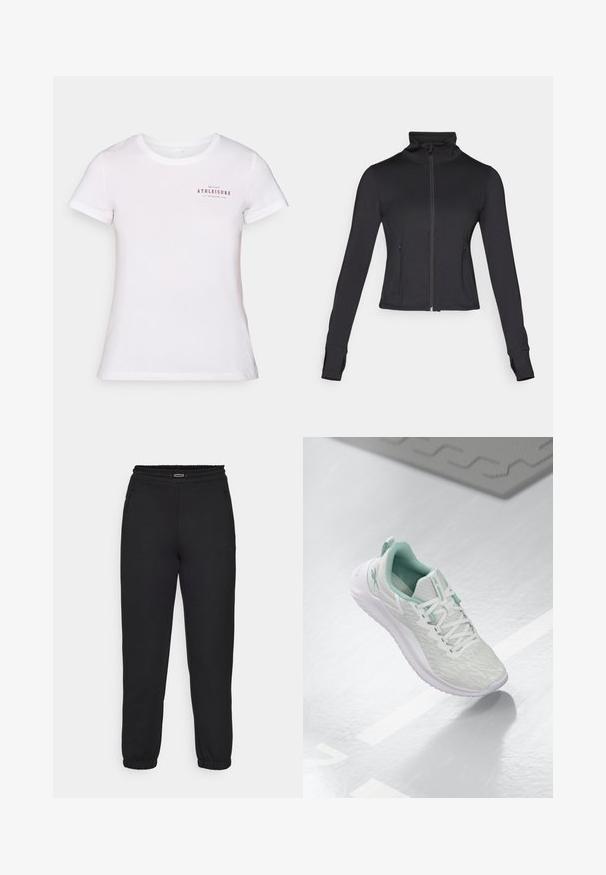 Svart zip-up jakke med høy krage, lange ermer og frontlommer. Laget av et glatt, elastisk stoff med en tettsittende design.; Hvit bomull t-skjorte med korte ermer og rund hals. Fronten har rød tekst: "ONLY PLAY ATHLEISURE EST. ACTIVE LIFE 2006."; Champion C-TECH CUFFED PANTS INTERLOCK - Joggebukse - black; Lys grå idrettssko med en teksturert strikket overdel, mintgrønne detaljer, hvite snøringer, gummisåle og en løftestropp på hælen.