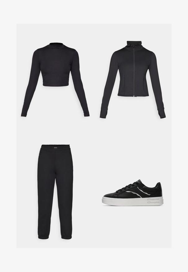Melna zip-up jaka ar augstu apkakli, garām piedurknēm un priekšējām kabatām. Izgatavota no gluda, elastīga auduma ar pieguļošu dizainu.; Melnā ilgā piedurkne crop top ar augstu kakla izgriezumu. Izgatavots no ribota auduma, ar pieguļošām piedurknēm un gludu, bezšuvju apdares detaļu.; Champion C-TECH CUFFED PANTS INTERLOCK - Treniņtērpa apakšdaļas - black; Melnas ādas tenisu kurpes ar baltu zoli, ar plānām sudraba akcentu un auklu dizainu. Gluda tekstūra ar zīmola detaļām uz papēža.