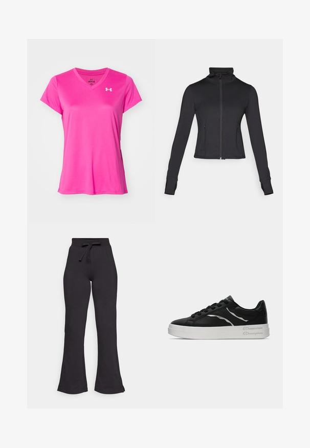 Mustad musta värvi tõmblukuga jakk, millel on kõrge krae, pikad varrukad ja eesmine taskud. Valmistatud siledast ja venivast kangast, millel on vormitud disain.; Roosa lühikeste varrukatega V-kaelusega t-särk, mis on valmistatud siledast ja kergest kangast. Ees vasakul rinnal on väike valge logo.; Mustad mustad dressipüksid, mis on valmistatud pehmest kangast, millel on nööriga vöökoht ja sile tekstuur. Kavandatud mugavuseks ja lihtsaks kandmiseks.; Must musta kingad valge tallaga, õhukeste hõbedaste detailidega ja nööpidega kujundusega. Sile tekstuur ja bränditud detailid kandadel.