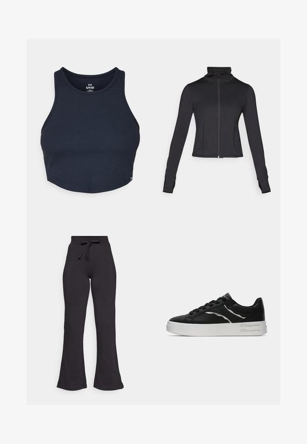 Sort zip-jakke med høj krave, lange ærmer og frontlommer. Lavet af et glat, strækbart stof med et tætsiddende design.; Marineblå cropped tanktop lavet af ribbet stof, med rund hals og brede skulderstropper, samt et lille logo tag i kanten.; Sorte flagrende sweatpants lavet af blødt stof med en snøre i taljen og en glat overflade. Designet til komfort og let anvendelse.; Sort læder sneakers med hvid sål, prydet med tynde sølv accenter og snørelukning. Glat tekstur med mærkedetaljer på hælen.