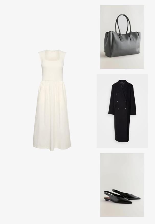 Sort dobbeltbrystet uldfrakke med klippet krave, to forlommer og store knaplukninger, med en lang, lige pasform.; Hvid kjole med firkantet U-hals, ribbet bærestykke og en floded skørt. Lavet af letvægtsstof med en glat tekstur.; Sorte slingback-sko med spidse tæer, der har en tekstureret overflade og en lille blokhæl. Indvendigt har de en brun accent.; Grå læderhand bag med dobbelte håndtag, rektangulær form, glat tekstur og minimalistisk design. Har flade sidepaneler og diskret syning.