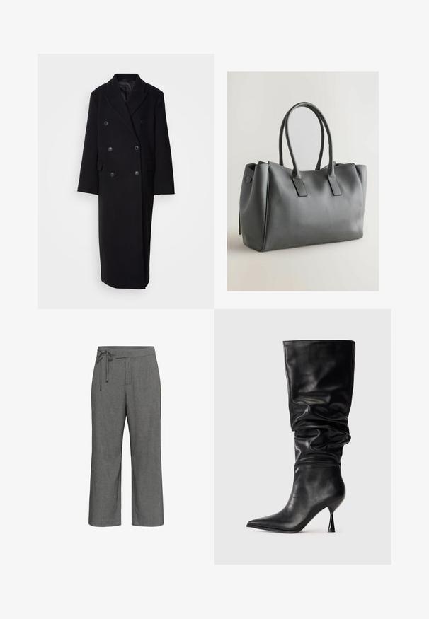 Musta kaksirivinen villakangastakki, jossa on viiltohäntäkaulus, kaksi etutaskua ja suuret napitusnappulat, pitkä suora malli.; Viisi crop top -setti: musta, tummanruskea, oliivinvihreä, vaaleanruskea, jossa on valkoisia raitoja, ja valkoinen. Valmistettu ribbikankaasta, saumaton muotoilu, joustava istuvuus.; Harmaat leveälahkeiset housut, joissa on hienovarainen viivakuosi, korkea vyötärö ja solmittava nauhavyö yksityiskohtana vyötäröllä.; Mustat nahkaiset polvipituiset saappaat, joissa on löysä muotoilu, terävä kärki ja ohut stiletto-korko, joka on varustettu sileällä pinnalla ja vähäisillä yksityiskohdilla.; Harmaa nahkainen käsilaukku, jossa on kaksoiskahvat, suorakaiteen muotoinen, sileä pinta ja minimalistinen muotoilu. Sisältää litteät sivupaneelit ja hienovaraista ommeltua yksityiskohtaa.