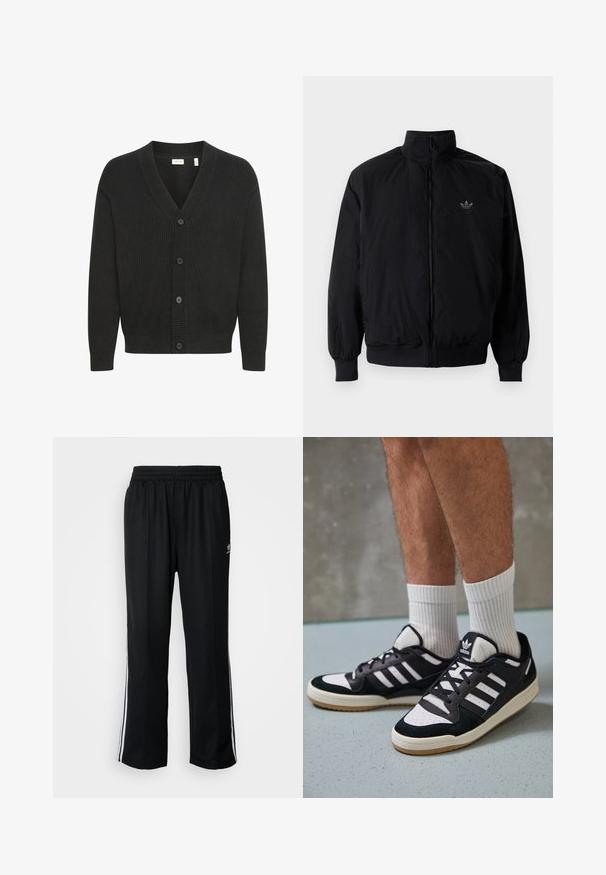 Zwarte geluiting jack met hoge kraag, gemaakt van lichtgewicht materiaal. Voorzien van elastische manchetten en tailleband, met een klein logo op de linkerbovenkant.; Solid SDNALLI - Vest - true black; Witte katoenen t-shirt met zwart geribde halslijn en mouwen, met drie zwarte strepen op elke schouder en een klein logo op de borst.; Zwarte sportbroeken met een elastische tailleband, voorzien van witte zijkanten en een klein logo. Het materiaal lijkt zacht en lichtgewicht te zijn.; Zwart-witte sneakers met een bovenwerk van suede en leer, voorzien van drie witte strepen, een geperforeerde neus en een rubberen gumzool.