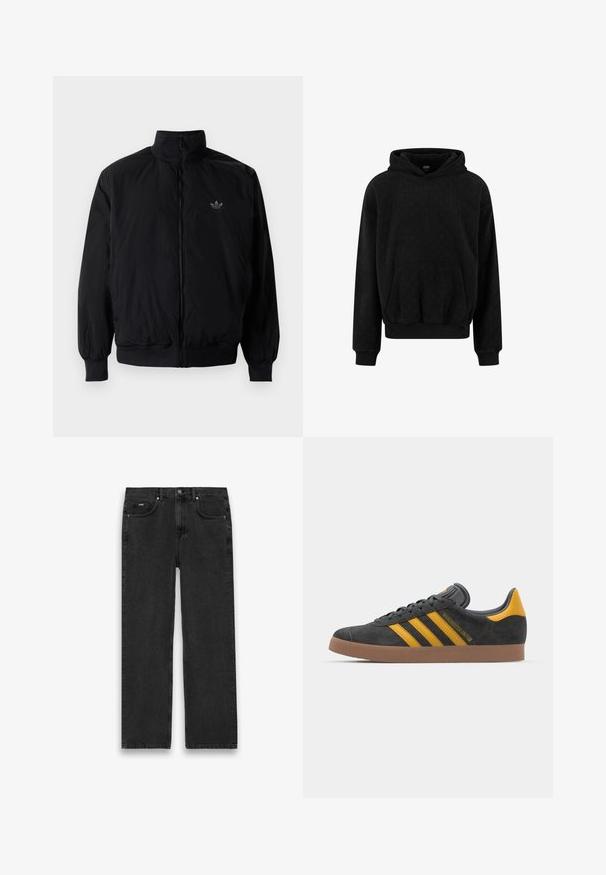 Čierna zips kombinéza s vysokým golierom, vyrobená z ľahkého materiálu. Obsahuje elastické manžety a pás, s malým logom na hornej ľavej strane.; Čierna mikina s kapucňou vyrobená z textúrovaného materiálu, s klokankovým vreckom a rebrovanými manžetami a lemom. Jednoduchý, neformálny dizajn.; Čierne riflové nohavice so širokým strihom, obsahujúce päť vreciek, zapínanie na gombík a svetlé vyblednutie. Textúrovaná látka a minimálne detaily šitia.; Čierne semišové tenisky so žltými akcentmi, ktoré majú tri pruhy a hnedú gumovú podrážku. Obsahujú vypolstrovaný jazyk pre pohodlie.