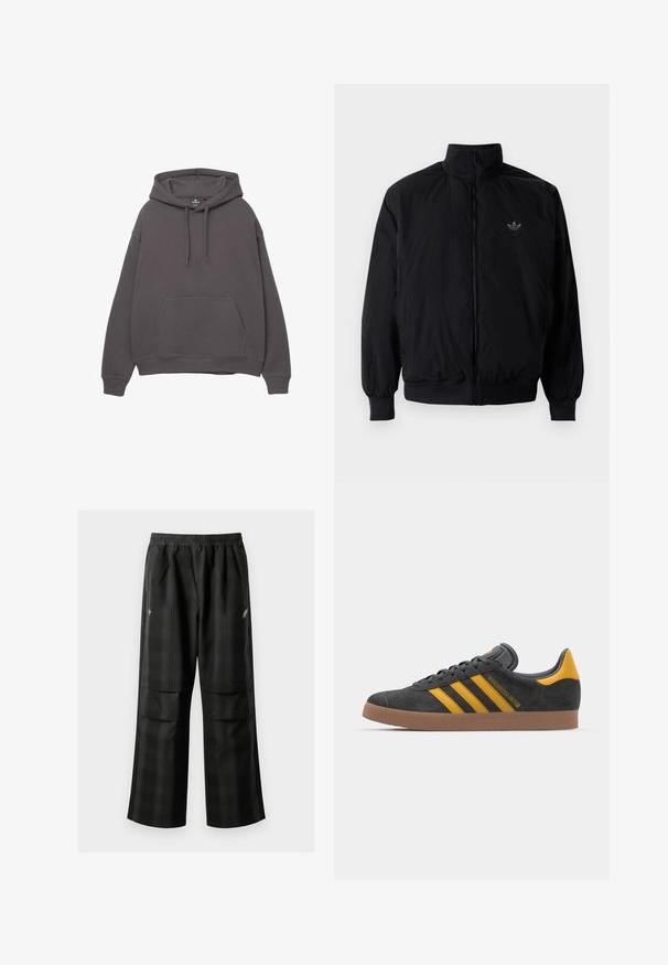 Sort lynlåsjakke med høj krave, fremstillet af letvægtsmateriale. Har elastiske manchetter og talje, med et lille logo på øverste venstre side.; Grå bomulds-hoodie med en frontlomme, justerbar snøre til hætten, ribbede manchetter og kant. Enkel design, blød tekstur og afslappet pasform.; Sorte ternede bukser med elastisk talje, to forlommer og en løs pasform med lige ben. Fremstillet af letvægtsmateriale.; Sort suedet sneaker med gule accenter, der har tre striber og en brun gummisål. Inkluderer en polstret tunge for komfort.