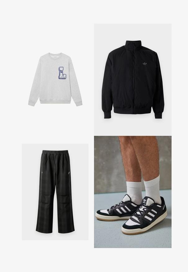 Zwarte geluiting jack met hoge kraag, gemaakt van lichtgewicht materiaal. Voorzien van elastische manchetten en tailleband, met een klein logo op de linkerbovenkant.; Grijze sweatshirt gemaakt van een katoenmix, met een groot marineblauw geborduurd "L" logo op de borst en geribbelde manchetten en onderkant.; Zwarte geruite broek met een elastische tailleband, twee voorzakken en een losse pasvorm met een rechte pijpdesign. Gemaakt van lichtgewicht materiaal.; Zwart-witte sneakers met een bovenwerk van suede en leer, voorzien van drie witte strepen, een geperforeerde neus en een rubberen gumzool.