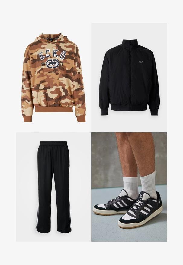Black zipped jacket with high collar, made of lightweight material. Features elastic cuffs and waistband, with a small logo on the upper left.; Brown camo hoodie with a front pocket, elastic cuffs, and hem. Features white graphic text "ECKŌ 1972" and a logo design. Soft fabric texture.; Black athletic pants with an elastic waistband, featuring white side stripes and a small logo. Material appears soft and lightweight.; Black and white sneakers with a suede and leather upper, featuring three white stripes, a perforated toe, and a gum rubber sole.