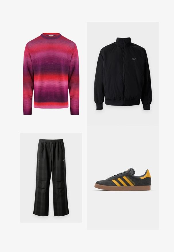 Sort lynlåsjakke med høj krave, fremstillet af letvægtsmateriale. Har elastiske manchetter og talje, med et lille logo på øverste venstre side.; Redefined Rebel NELSON REGULAR FIT - Striktrøje - magenta purple; Sorte ternede bukser med elastisk talje, to forlommer og en løs pasform med lige ben. Fremstillet af letvægtsmateriale.; Sort suedet sneaker med gule accenter, der har tre striber og en brun gummisål. Inkluderer en polstret tunge for komfort.