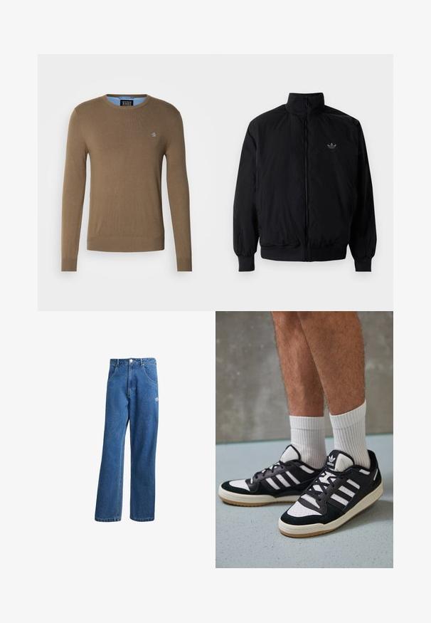 Black zipped jacket with high collar, made of lightweight material. Features elastic cuffs and waistband, with a small logo on the upper left.; Brown knitted sweater with long sleeves, round neck, and blue accent at neckline. Features a small logo on the chest. Smooth texture.; Blue high-waist wide-leg denim jeans with front pockets, belt loops, button closure, and small Adidas logo on the right thigh.; Black and white sneakers with a suede and leather upper, featuring three white stripes, a perforated toe, and a gum rubber sole.