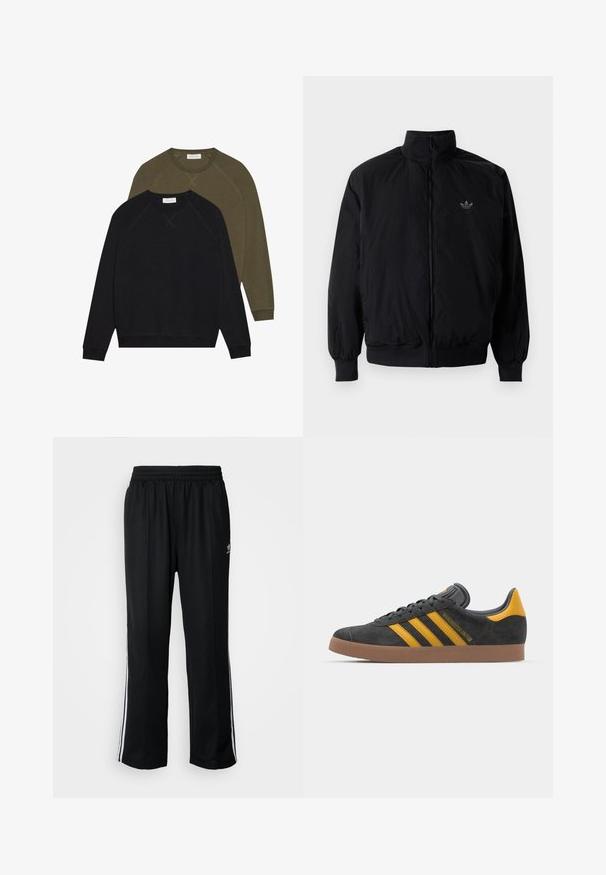 Black zipped jacket with high collar, made of lightweight material. Features elastic cuffs and waistband, with a small logo on the upper left.; Two crewneck sweatshirts, one black and one olive green, with raglan sleeves and visible stitching. Soft fabric texture, no patterns.; Black athletic pants with an elastic waistband, featuring white side stripes and a small logo. Material appears soft and lightweight.; Black suede sneaker with yellow accents, featuring three stripes and a brown rubber sole. Includes a padded tongue for comfort.