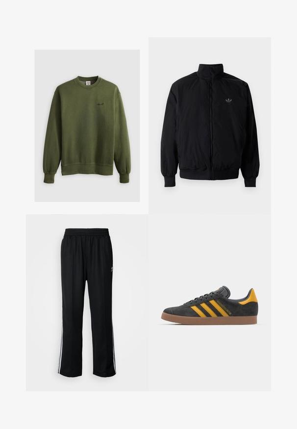 Giacca nera con zip e colletto alto, realizzata in materiale leggero. Presenta polsini e vita elastici, con un piccolo logo in alto a sinistra.; Felpa verde con scollo rotondo realizzata in tessuto morbido, con polsini a coste e un piccolo logo ricamato sul petto. Vestibilità classica senza alcun motivo.; Pantaloni da allenamento neri con elastico in vita, dotati di bande laterali bianche e un piccolo logo. Il materiale sembra morbido e leggero.; Sneaker in suede nero con dettagli gialli, dotato di tre strisce e una suola in gomma marrone. Include una linguetta imbottita per il comfort.
