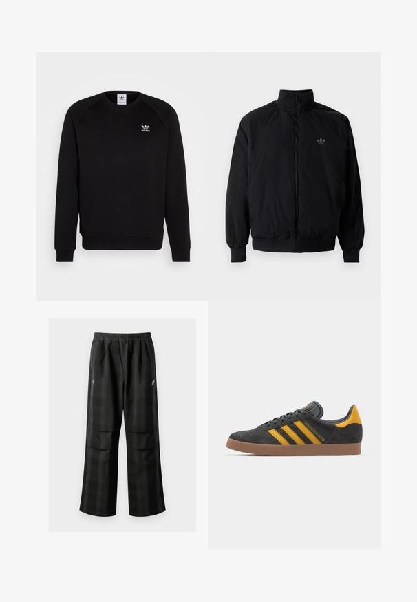 Chaqueta negra con cremallera y cuello alto, hecha de material ligero. Cuenta con puños y cinturilla elásticos, y un pequeño logo en la parte superior izquierda.; Sudadera negra con mangas raglán, cuello redondo y puños acanalados. Presenta un pequeño logo blanco de Adidas en el pecho. Textura de tela suave.; Pantalones de cuadros negros con cintura elástica, dos bolsillos frontales y un ajuste holgado con diseño de pierna recta. Fabricados en material ligero.; Zapatillas de ante negro con acentos amarillos, que presentan tres franjas y una suela de goma marrón. Incluyen una lengüeta acolchada para mayor comodidad.