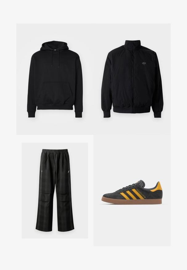 Schwarze Jacke mit Reißverschluss und hohem Kragen, aus leichtem Material gefertigt. Verfügt über elastische Bündchen und einen elastischen Saum, mit einem kleinen Logo oben links.; Schwarzer Pullover-Hoodie aus weichem Baumwollmix, mit einer Kängurutasche, verstellbare Kapuze, gerippten Bündchen und einem lässigen Schnitt.; Schwarze karierte Hosen mit elastischem Bund, zwei Fronttaschen und lockerer Passform im geraden Beinschnitt. Hergestellt aus leichtem Material.; Schwarze Wildledersneaker mit gelben Akzenten, ausgestattet mit drei Streifen und einer braunen Gummisohle. Enthält eine gepolsterte Zunge für zusätzlichen Komfort.