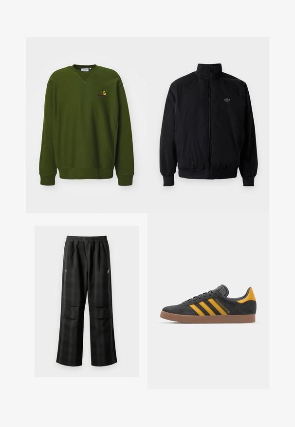 Schwarze Jacke mit Reißverschluss und hohem Kragen, aus leichtem Material gefertigt. Verfügt über elastische Bündchen und einen elastischen Saum, mit einem kleinen Logo oben links.; Olivenfarbener Pullover mit lockerer Passform, Rundhalsausschnitt und gerippten Bündchen. Verfügt über ein kleines, gelbes und lila gesticktes Logo auf der Brust.; Schwarze karierte Hosen mit elastischem Bund, zwei Fronttaschen und lockerer Passform im geraden Beinschnitt. Hergestellt aus leichtem Material.; Schwarze Wildledersneaker mit gelben Akzenten, ausgestattet mit drei Streifen und einer braunen Gummisohle. Enthält eine gepolsterte Zunge für zusätzlichen Komfort.